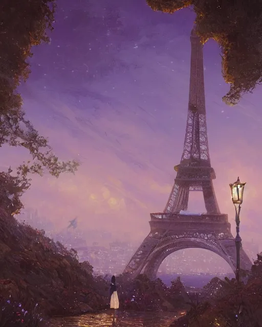 Prompt: over the shoulder landscape painting of violet evergarden, behind are distant lights from paris, eiffel tower, next to the reflecting ocean, nighttime, by Philipp A. Urlich and Pengzhen Zhang and Andreas Rocha, fantasy, intricate, elegant, highly detailed, digital painting, artstation, blender, unreal engine 5, octane render, smooth, sharp focus, illustration