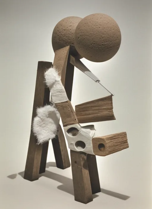 Image similar to realistic photo of a a wooden astronomy archeology chemistry scientific appliance model equipment gadget object made of wooden constructor, a fragment is made of white clay, fragments made of white fur, background is grey monochrome 1 9 9 0, life magazine reportage photo, natural colors, metropolitan museum collection