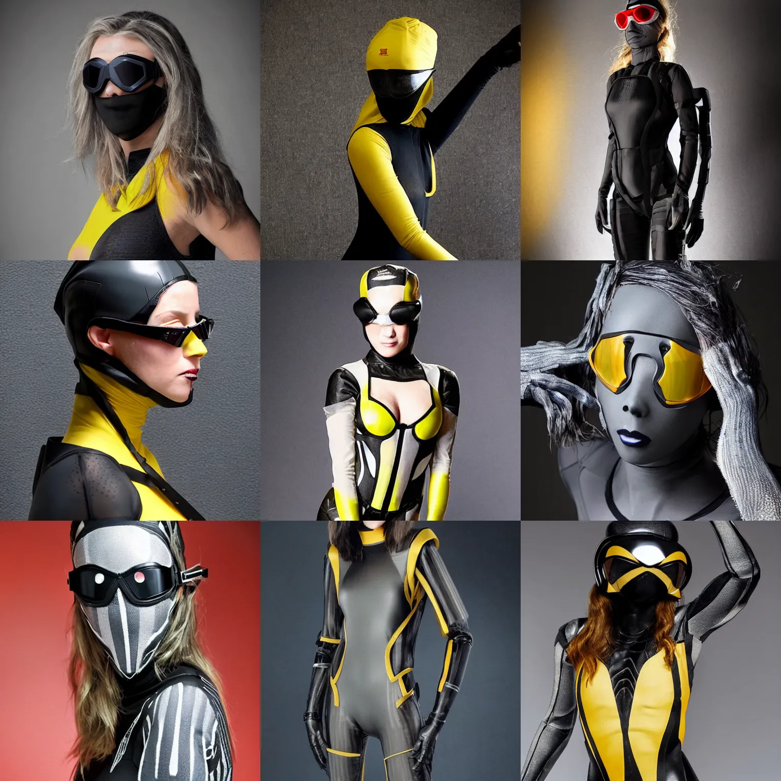Prompt: As Skitter, Taylor wore various costumes made of spider silk. Initially, she wears a black-and-grey spider silk bodysuit with armor panels made out of insect shells and exoskeletons augmented with more spider silk. She dyes it black with grey paneling before she goes out. The yellow lenses of her mask are durable, high-end swim goggles tinted to help filter out bright lights, with lenses from an old pair of her glasses sealed inside with silicon. Her mask leaves the back of her head uncovered and her hair free to fly behind her. The costume lacks the full extent of the armor paneling she planned, including protection for the back of her head, but the armor covers her face, chest, spine, stomach and major joints (including wrists, shoulders, elbows and knees). Each had \'layers\' resembling a pillbug. The mask design features dull yellow lenses and sections of armor designed to imitate a bug’s mandibles. She kept her costume clean by having bugs eat and clean any waste and wiping it down with a cloth. The spider-silk fabric is too tough to cut with an x-acto knife, although it can be slowly cut through using wire cutters. It was mostly waterproof. Prior to dying, the costume\'s prototype had fabric that was a dirty yellow-gray color, and the armour was naturally a dark mottled brown-gray. Full body portrait, full body portrait, comic book style, comic book hero, comic book character