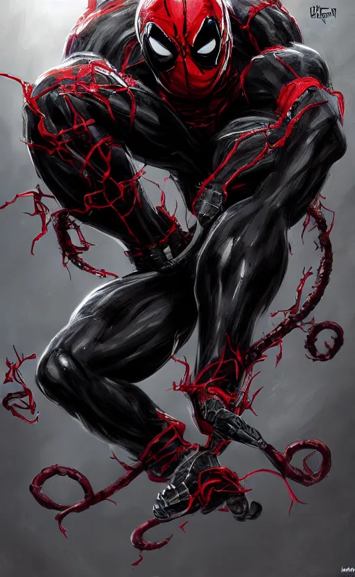 Image similar to venom as deadpool, dynamic lighting, photorealistic fantasy concept art, trending on art station, stunning visuals, terrifying, creative, cinematic