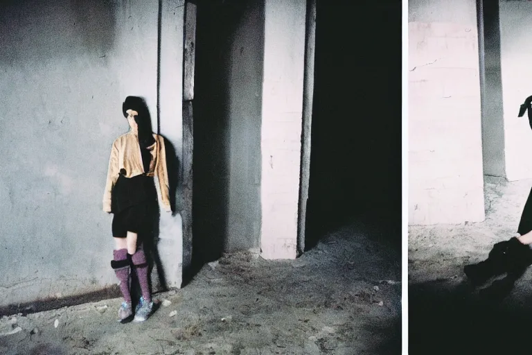 Image similar to 35mm color lomography, last photo, portrait, fashion shoot, weird, random, strange, spooky, interesting, basement