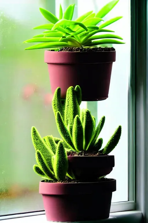 Prompt: an unknown exotic succulent shrubbery, a strange and weird potted plant is in a windowsill