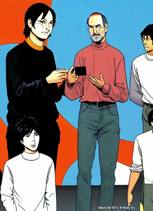 Prompt: steve jobs revealing the iphone at wwdc, manga 8 k, color, by katsuhiro otomo and hiroya oku and makoto yukimura