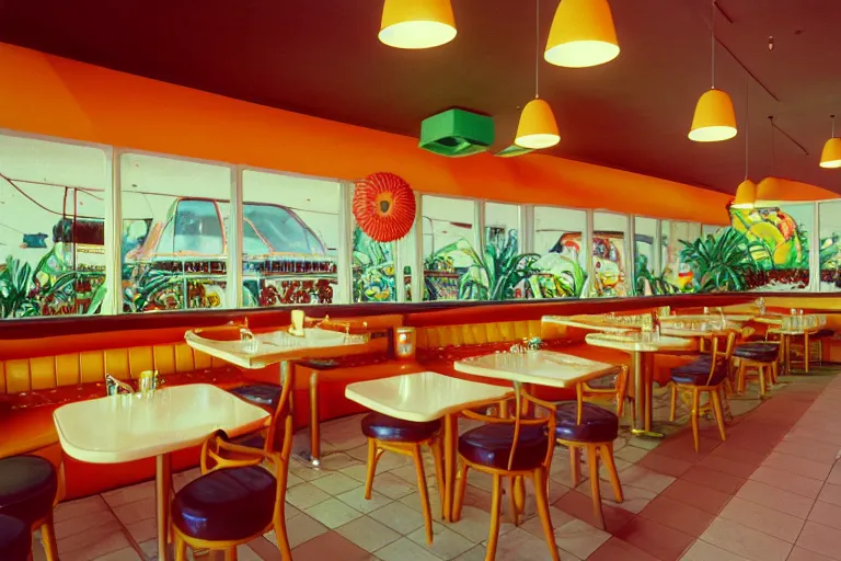 Prompt: 1 9 8 5 tropical cantaloupe themed classic american diner, people sitting at tables, meloncore, one point perspective, americana, restaurant interior photography