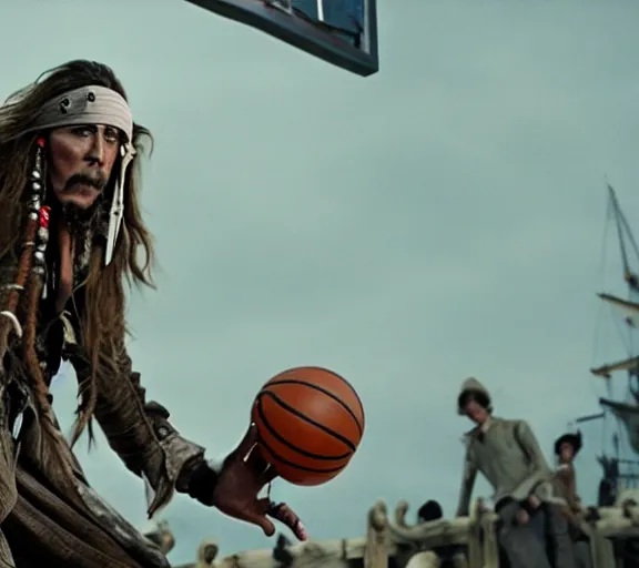 Image similar to still of davy jones playing basketball, pirates of the caribbean screenshot, movie still, photorealistic, cinematic lighting, daylight, deck of the ship, clean composition