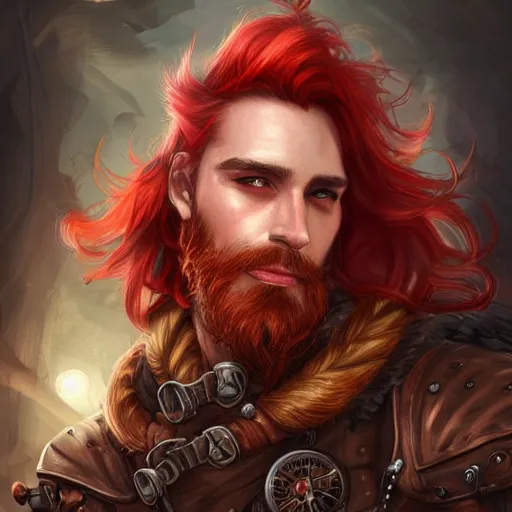 Image similar to rugged ship captain, male, handsome, flowing red hair, handsome, fantasy, intricate, elegant, highly detailed, piercing eyes, steampunk, digital painting, artstation, concept art, character art, smooth, sharp focus, illustration, art by artgerm