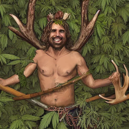 Prompt: intoxicated lazy shirtless hippie warrior wearing twigs and leaves and antlers smiling sheepishly in a field of cannabis plants, highly detailed, dramatic lighting, night time, cinematic, fantasy art, hyperrealistic, detailed