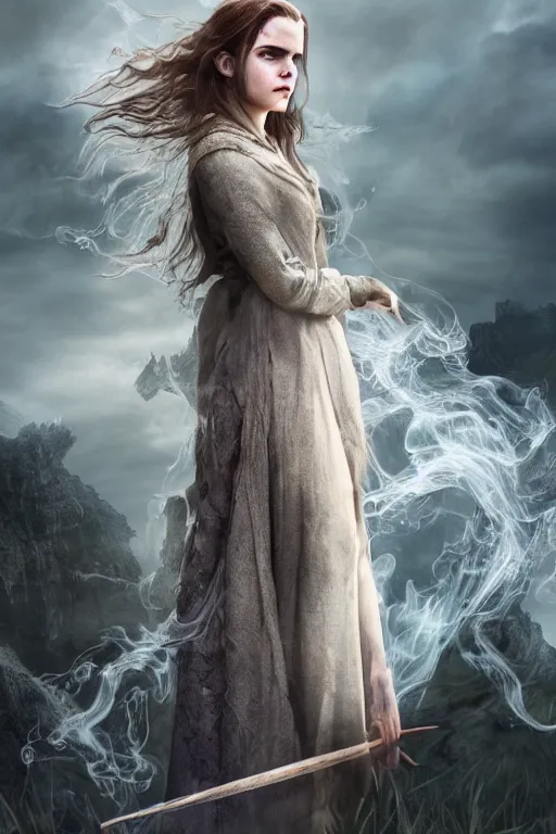 Image similar to a mix of of emma watson, anya taylor - joy and hermione granger, evil sorceress witch, lotr, movie still, hyperrealism, octane render, extremely detailed, intricate smoke magic, lace, style of mark ryden, earl nore, hyung tae, frank frazetta