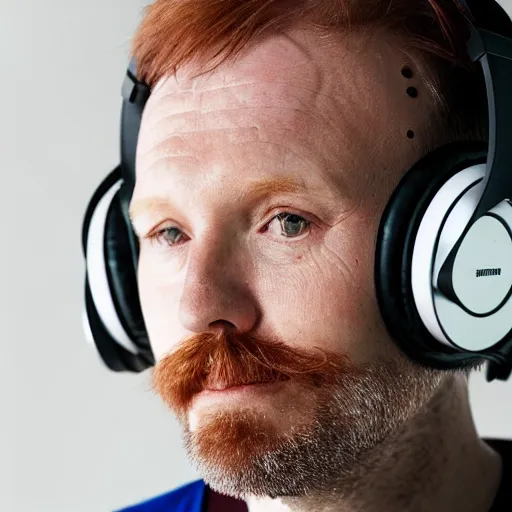 Prompt: middle aged streamer on twitch, stubble beard, ginger, stubbles, red headphones, in the style of tatsuro kiuchi