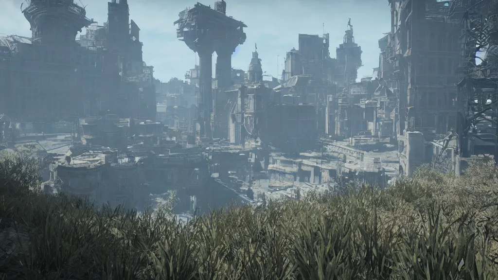 Image similar to Screenshot from Nier Automata, beautiful landscape in Marseille, France