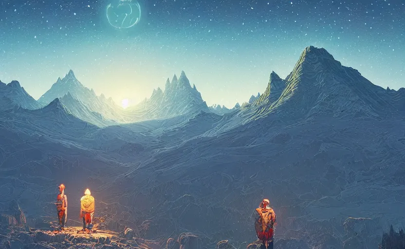 Prompt: mountains, stars and paisley filled sky, artstation, intricate, highly detailed, digital painting, concept art, sharp focus, illustration by Michael Whelan and Simon Stalenhag