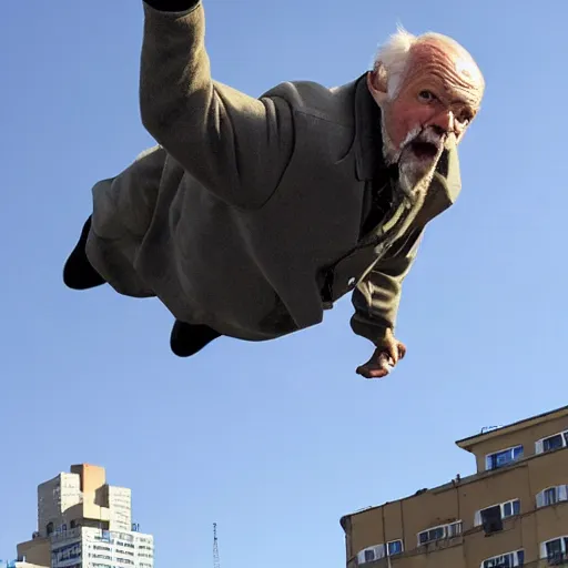 Image similar to huge ugly old man flying above the city