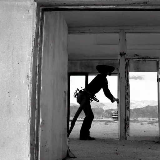 Image similar to a cowboy going through the door of an old gas station, Joshua Tree Park, dust flying, cinematography by Roger Deakins in cinemascope