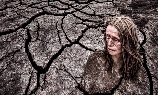 Image similar to close-up of a crying ancient dried up Danu, peaceful, facing the camera and standing in front of a dried up river in a desolate land, dead trees, blue sky, hot and sunny, highly-detailed, elegant, dramatic lighting, artstation, 4k, cinematic landscape, photograph by Elisabeth Gadd