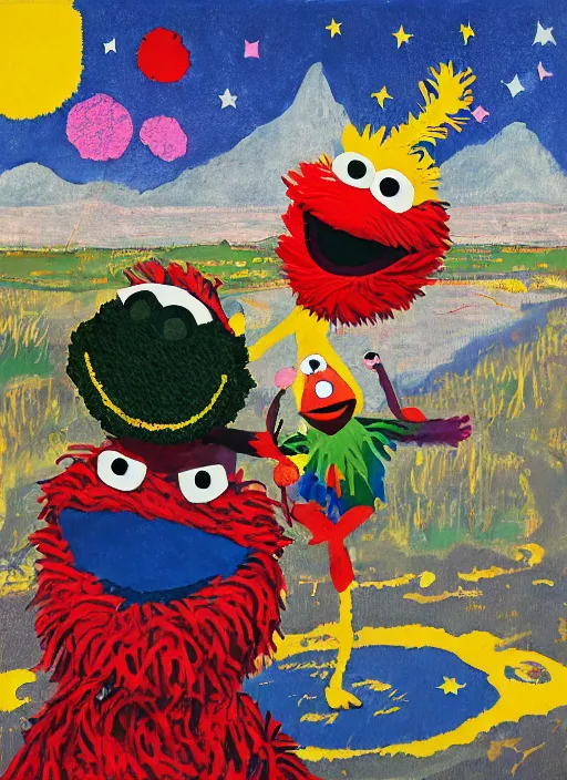 Image similar to expressionistic decollage painting, trash can tarot card fool with sesame street elmo and kermit muppet knight on a horse in a dark red cloudy night sky with golden foil jewish stars, mountain lake and blossoming field in background painted by adrian ghenie, francis bacon, daniel richter and hilma af klint, pixel art, buff painting, color field painting, low effort graffiti, rich deep colors, ultra naive, children painting, cy twombly painting, part by Philip Guston and Frank Stella art by Rothko, 8k, extreme detail, intricate detail, masterpiece