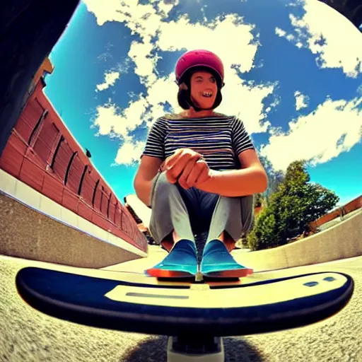 Image similar to cool grandmother skateboard video, fisheye lens, go pro, 4k