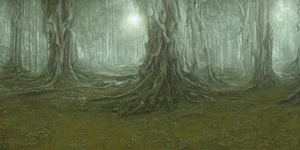 Image similar to Artwork by John Howe of The cinematic view of The Forest of Lost Twilight, a Forest, within which can be found an epitomic manor.