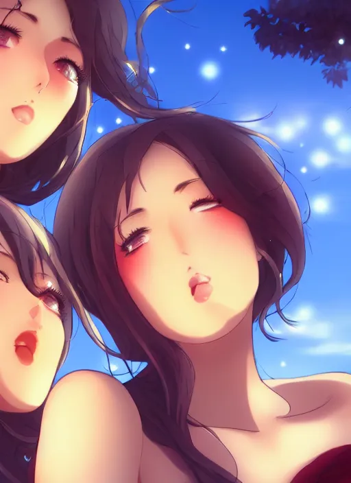 Image similar to two beautiful mothers outside on a hot summer evening, gorgeous faces, thick lines, cinematic lighting, detailed anime art