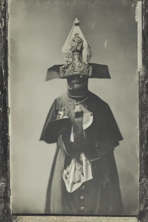 Image similar to a wet plate photo of an anthropomorphic ostrich pope