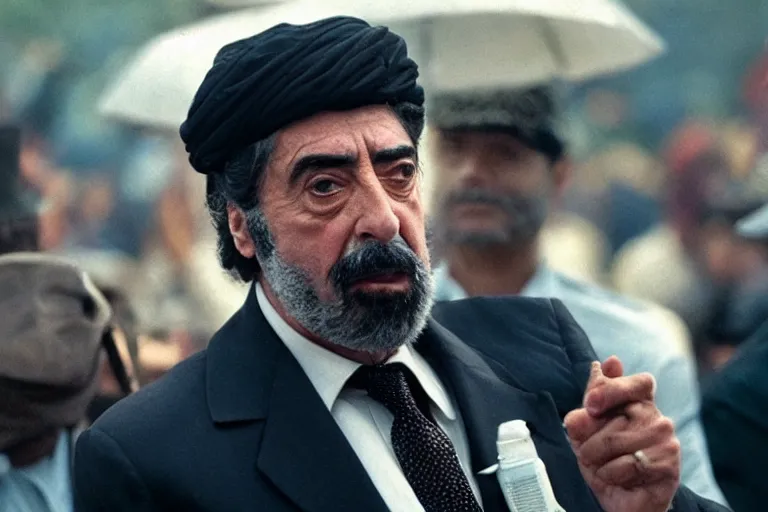 Prompt: Al Pacino as Saddam Hussein in 'SadDamn Hussling' (2023), movie still frame, promotional image, imax 70 mm footage, oscar nominated cinematography, volumetric lighting, 8k resolution