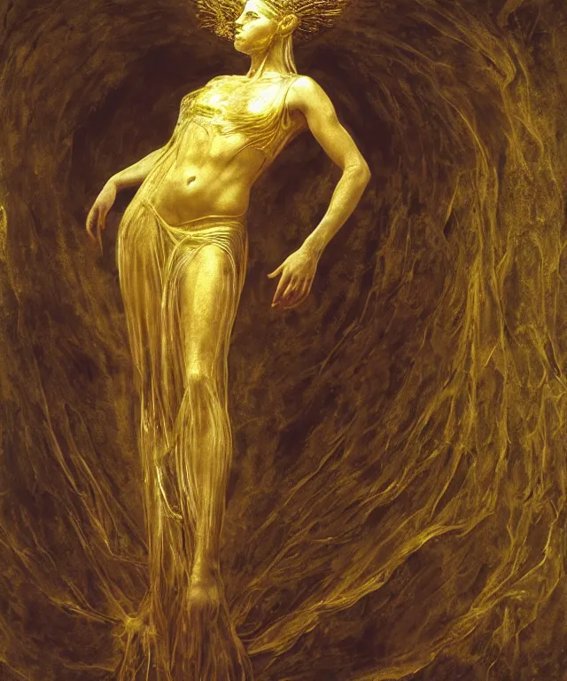 Image similar to Beautiful full-body wax sculpture of a glowing clothed transparent Greek goddess in a glowing dress with visible gold bones covered with melted white wax inside the singularity where stars becoming baroque folds of dark matter by Michelangelo da Caravaggio, Nicola Samori, William Blake, Alex Grey and Beksinski, dramatic volumetric lighting, highly detailed oil painting, 8k, masterpiece