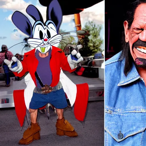 Image similar to Danny Trejo as Bugs Bunny from Looney Tunes, live action movie, set photo in costume, cosplay, photograph