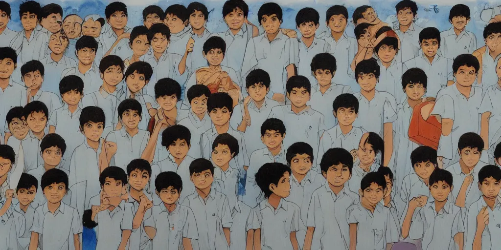 Prompt: sri lankan school kids, drawn by hayao miyazaki, rule of thirds