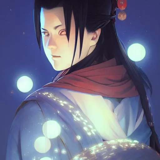 Image similar to itachi, glowing lights!! intricate, elegant, highly detailed, digital painting, artstation, concept art, smooth, sharp focus, illustration, art by artgerm and greg rutkowski and alphonse mucha