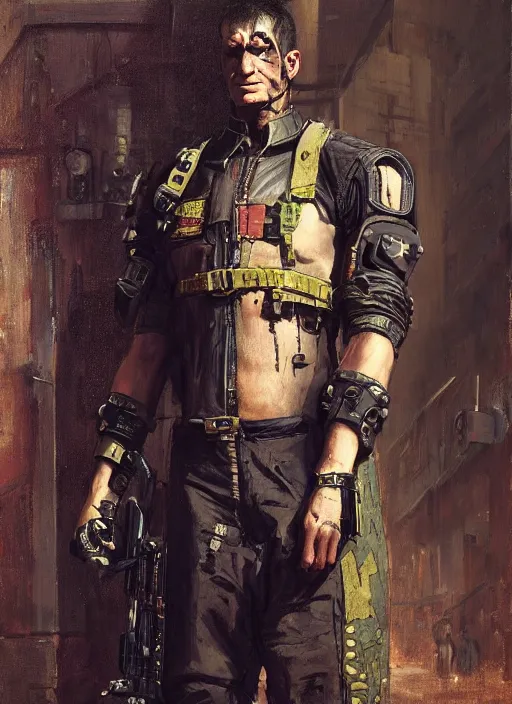 Image similar to frankenstein. cyberpunk mercenary wearing a military vest and combat jumpsuit. (Cyberpunk 2077, bladerunner 2049). Iranian orientalist portrait by john william waterhouse and Edwin Longsden Long and Theodore Ralli and Nasreddine Dinet, oil on canvas. Cinematic, hyper realism, realistic proportions, dramatic lighting, high detail 4k