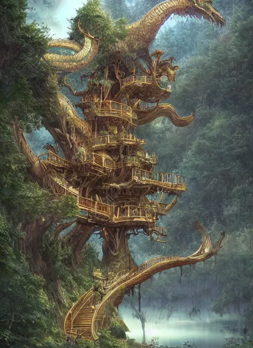 Image similar to A beautiful digital painting of an enormous treehouse with around big white dragon, crystal lake by Stanley Artgerm Lau, Rossdraws, James Jean, gerald brom, Andrei Riabovitchev, Marc Simonetti, and Sakimichan, trending on artstation