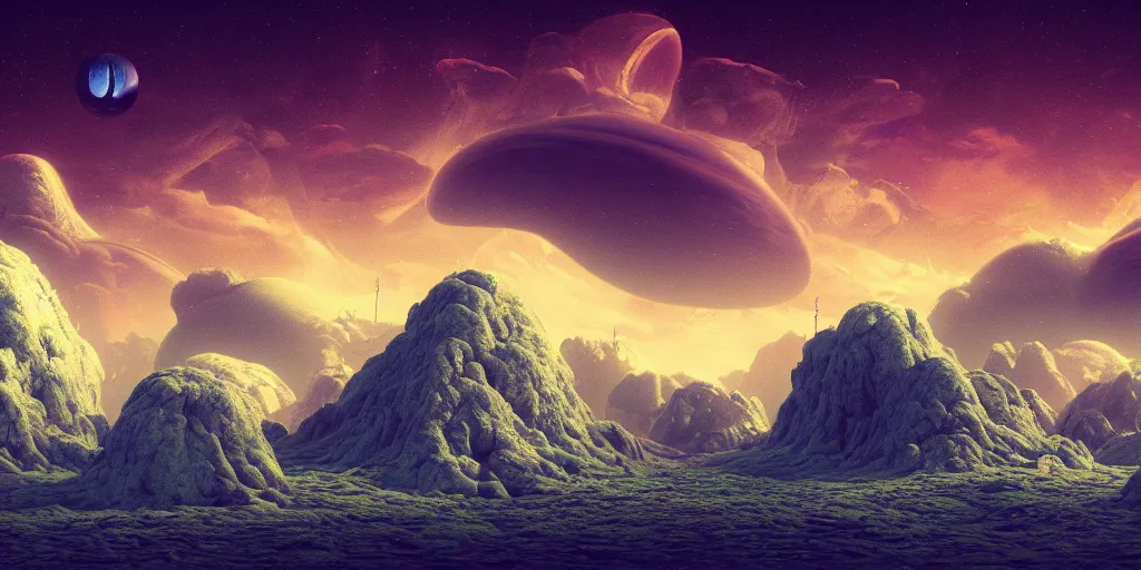 Image similar to a view of a surreal alien variated planet landscape, surreal clouds, floating islands, 4 k, retro, detailed, beautiful view, trending on artstation