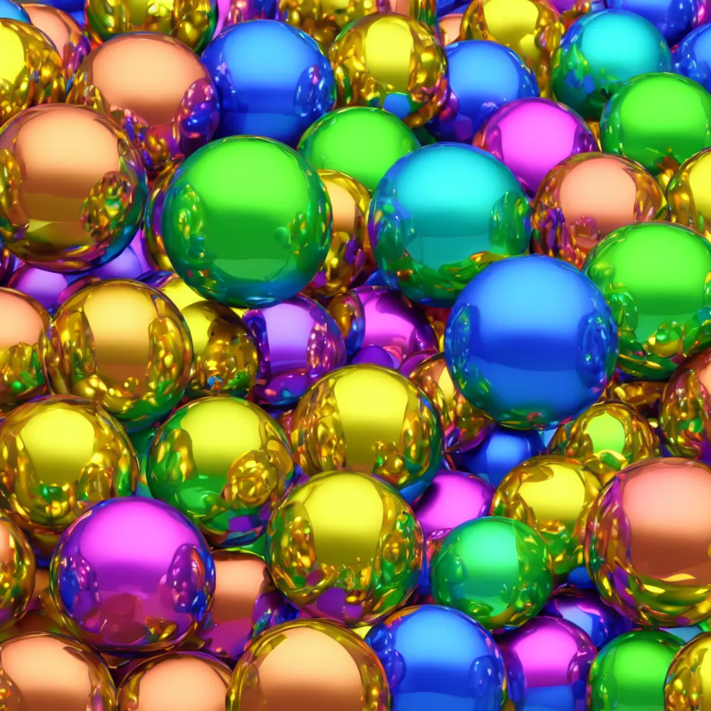 Prompt: very colourful texture of chrome spheres, 3 d, photorealistic, high poly, 8 k render, unreal engine 5, volumetric lighting, realistic shadows