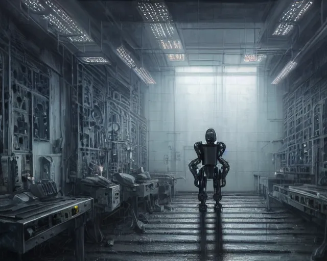 Image similar to gloomy ruined server room in datacenter robot figure automata rusty steel robot knight colossus welder pacing fixing soldering mono sharp focus, emitting diodes, smoke, artillery, sparks, racks, system unit, motherboard, by pascal blanche rutkowski repin artstation hyperrealism painting concept art of detailed character design matte painting, 4 k resolution blade runner