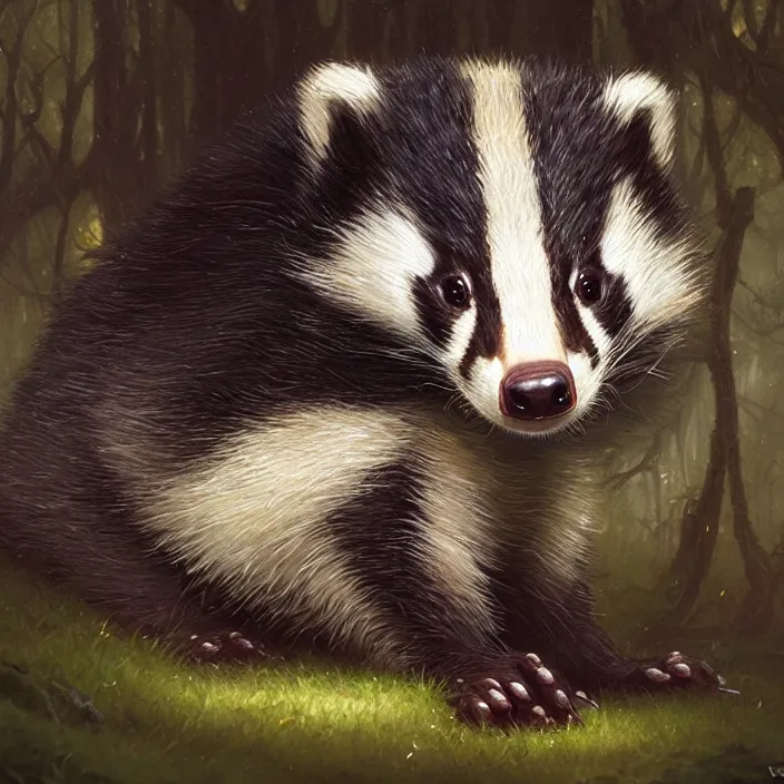 Image similar to highly detailed portrait of a cute badger, unreal engine, fantasy art by greg rutkowski, loish, rhads, ferdinand knab, makoto shinkai and lois van baarle, ilya kuvshinov, rossdraws, tom bagshaw, alphonse mucha, global illumination, radiant light, detailed and intricate environment