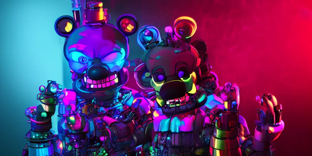 Image similar to fnaf freddy, cyberpunk, rgb, neon, hd, cinematic,