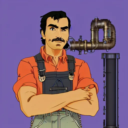 Prompt: burt reynolds as an airship mechanic wearing a tank top and overalls fixing pipes below deck, steampunk, realistic facial features, highly detailed, illustration, Makoto Shinkai and Studio Ghibli animated film still, by Ilya Kuvshinov and Alphonse Mucha