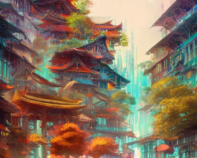 Image similar to great, colorful kitsune city, bamboo, fountain, anime, a fantasy digital painting by Greg Rutkowski and James Gurney, trending on Artstation, highly detailed