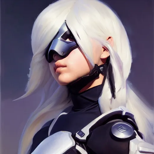 Image similar to greg manchess portrait painting of a 2 yorha type a no. 2 as overwatch character, white long hair, organic painting, sunny day, matte painting, bold shapes, hard edges, street art, trending on artstation, by huang guangjian and gil elvgren and sachin teng