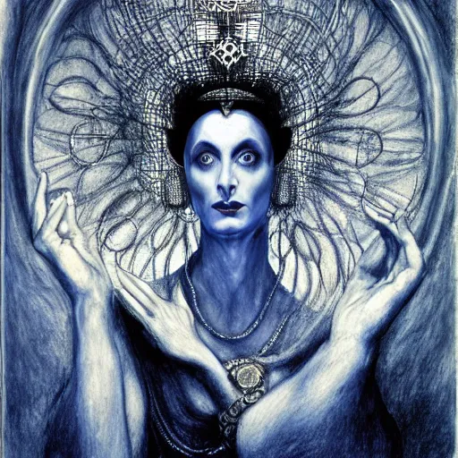 Image similar to Norma Desmond, pencil drawing. El Greco, Remedios Varo, Salvador Dali, Carl Gustav Carus, John Atkinson Grimshaw. Blue tint. Symetrical, logo, geometric shapes.