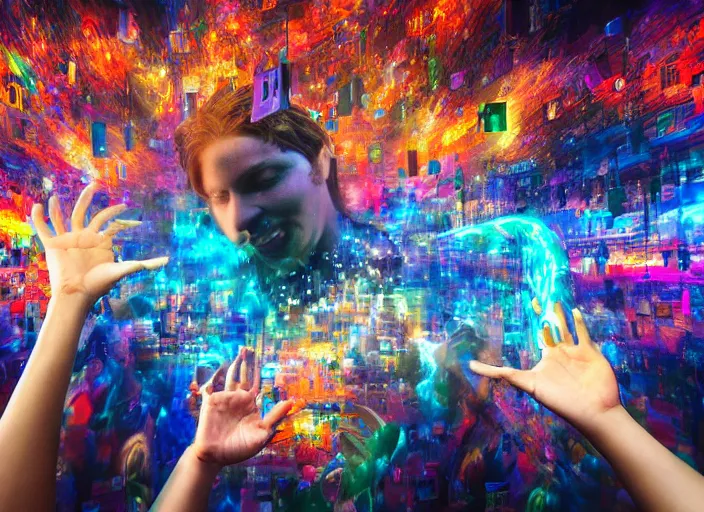 Image similar to cinematic shot cyberspace people of creativity, large art statues, magic art flowing from hands, hyper realistic, mood lighting, fantasy, detailed happy people creators of collective art, hands in the air, diverse big art pieces, highly detailed, super realistic, perfect lighting pixel sorting