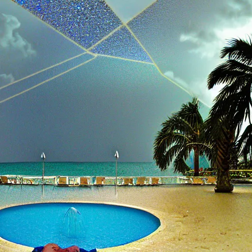 Prompt: Palace of the chalice, refracted sparkles, motion blur, accidental pic, thunderstorm, greek pool, beach and Tropical vegetation on the background major arcana sky, 2005 blog, dslr camera IMG_4016