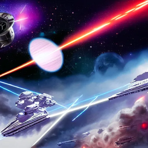 Image similar to Galactic War in space with Scary Space Crafts firing laser beams and destroying planets