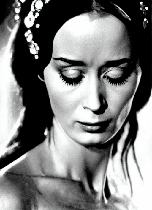 Prompt: 1973 film still from an Italian romance drama film of beautiful Emily Blunt as the goddess of black ice. staring intently at you. focused on her eyes. ultra detailed painting at 16K resolution and amazingly epic visuals. epically beautiful image. amazing effect, image looks gorgeously crisp as far as it's visual fidelity goes, absolutely outstanding. vivid clarity. ultra. iridescent. mind-breaking. mega-beautiful pencil shadowing. beautiful face. Ultra High Definition. godly shading. amazingly crisp sharpness. photorealistic film cel processed twice..