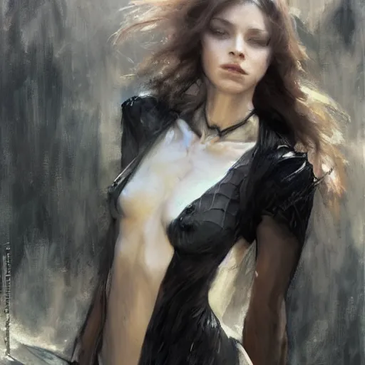 Image similar to nagini, female, long, black scales, chest coverd, cinematographic shot, by daniel f. gerhartz