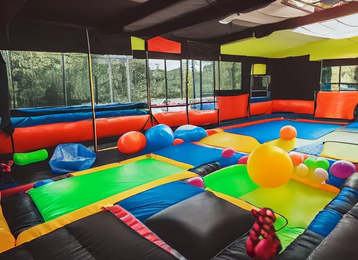 Image similar to A black trampoline next to A bouncy house with a ball pit inside a giant empty room with light coming through windows