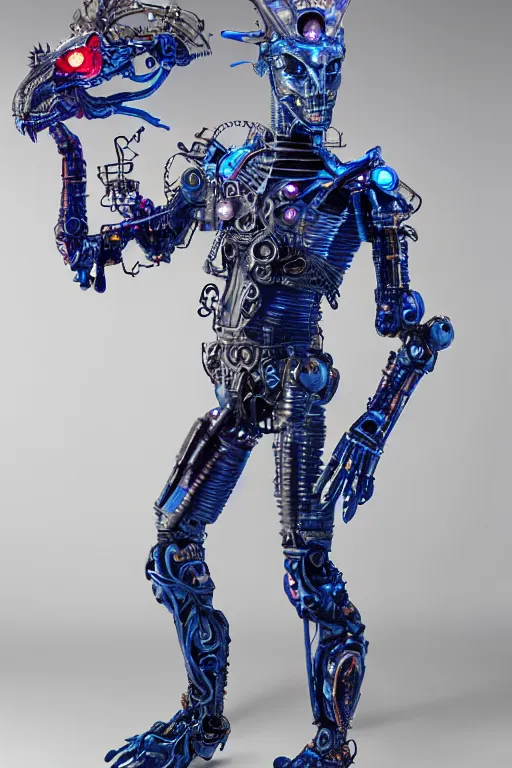 Prompt: full-body medieval and cyberpunk style sculpture of a young sultry hispanic prince half android with a hunky mechanical chest opening exposing circuits, glowing blue seductive laser eyes, crown of silver gears and translucent blue diamonds, swirling red-colored silk fabric, robotic raptor dinosaurs. glass and laser baroque elements. full-length view. intricate artwork by caravaggio. art by Artgerm and Greg Rutkowski and Alphonse Mucha, Trending on artstation, cinematic industrial lighting, hyper realism, octane render, 8k, depth of field, 3D