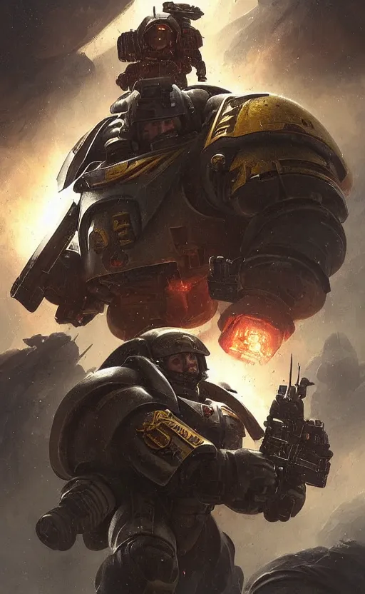 Prompt: portrait of a 4 0 k space marine with a bushy moustache, concept art, moustache, fantasy, highly detailed, cinematic lighting, digital painting by greg rutkowski