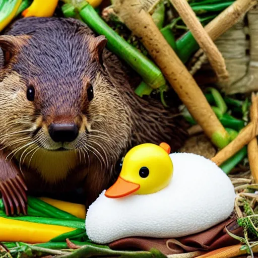 Image similar to real beaver and real duck sitting on vegetables