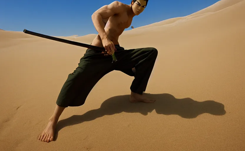 Image similar to roronoa zoro in sand dunes, photography