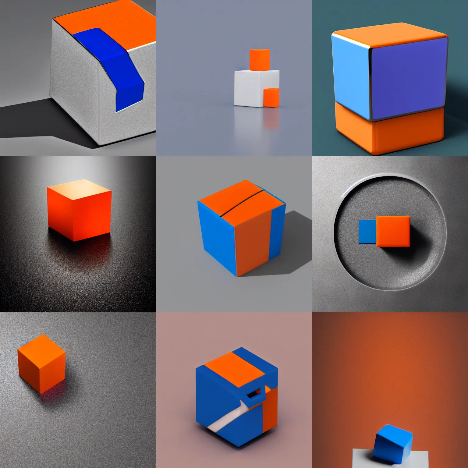 Prompt: abstract statue of a cube and ring, 8 8 8 8, porcelain, silver, blue with orange details, 8 8 8 8, studio photo, studio lights, octane render